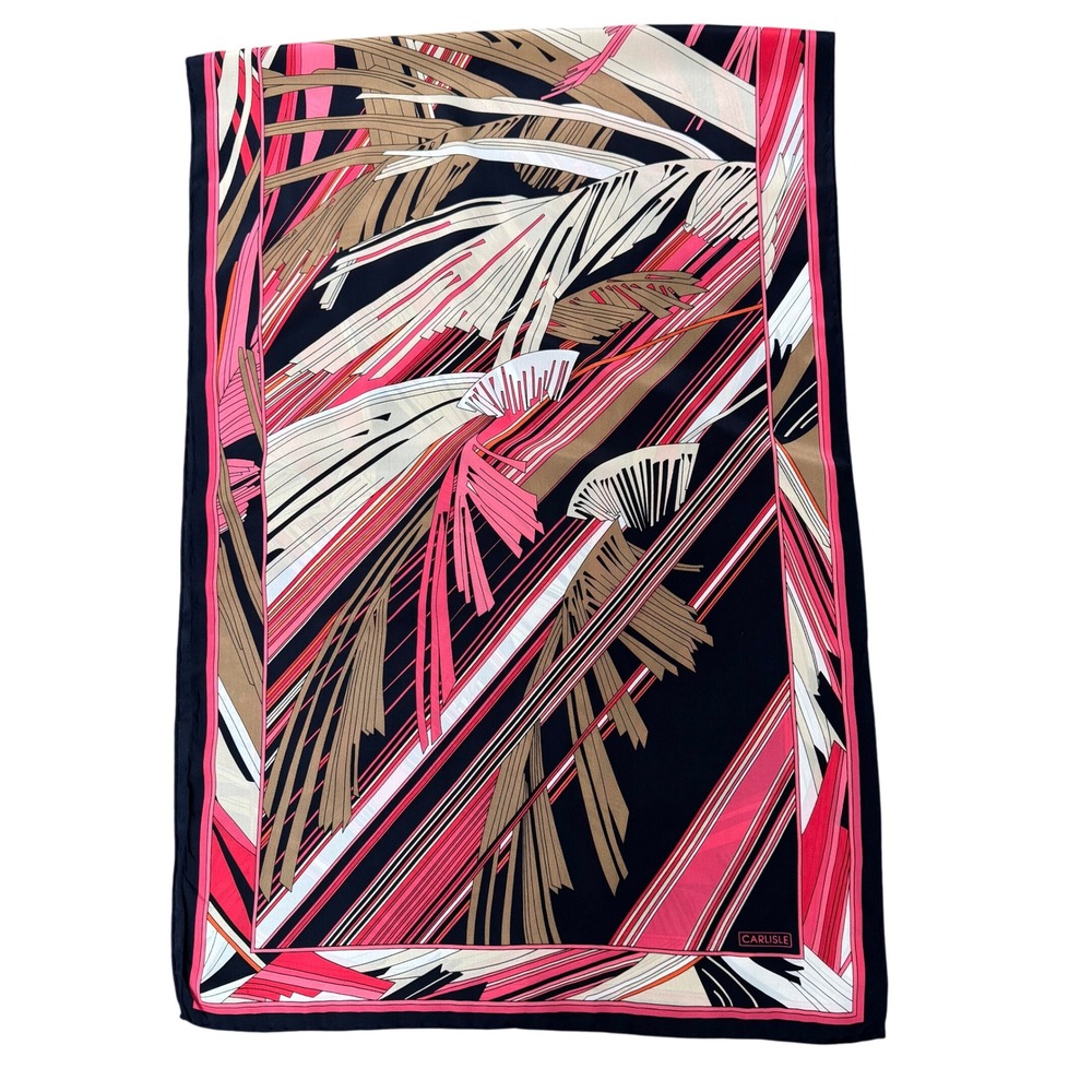 Carlisle Silk Scarf Black/Pink/Brown/Cream‎ Palm Fronds Pattern